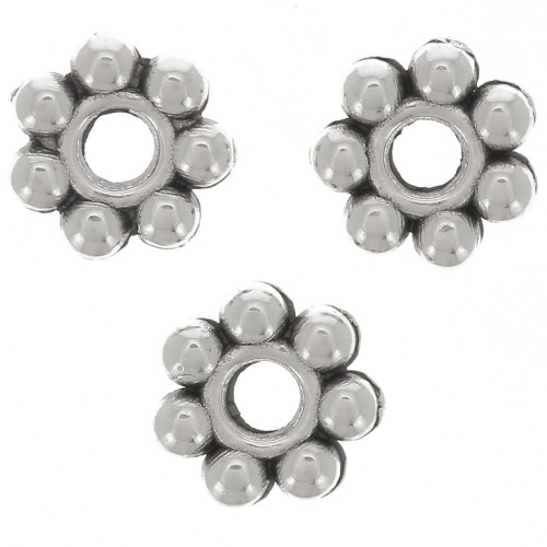 Perles rondelles fleurs 6 mm - Placage argent fin vieilli x100