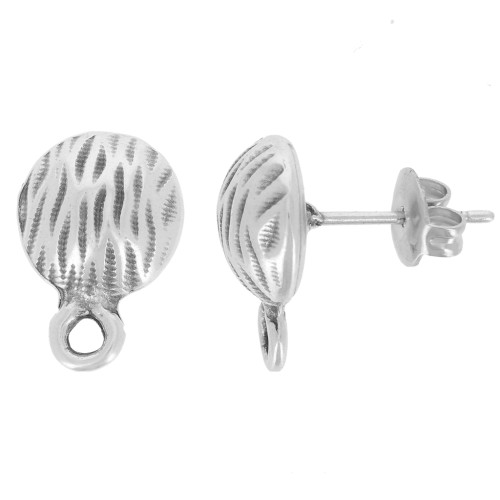 Clous d'oreilles demi-boule striée 10 mm avec anneau fermé - Argenté vieilli x2