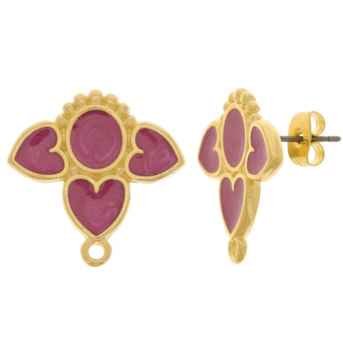 Clous d'oreilles coeurs 20 mm avec résine époxy - Doré à l'or fin - Prune nacré x2