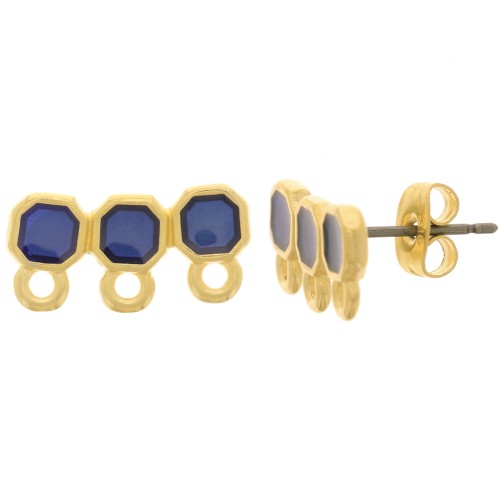 Clous d'oreilles 3 rangs 8x16mm résine époxy vitrail - Doré à l'or fin - Bleu x2