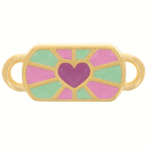 Intercalaire rectangle 19x8 mm motif coeur - Doré à l'or fin - Vert - Rose - Prune