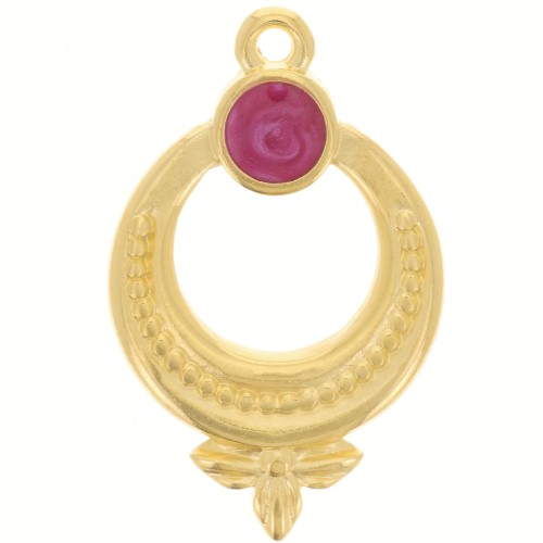 Pendentif ethnique texturé 15 mm avec résine époxy - Doré à l'or fin - Prune nacré