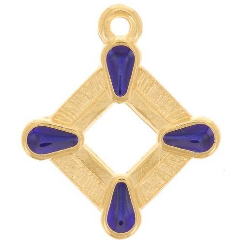 Pendentif losange évidé 19x16 mm résine époxy vitrail - Doré à l'or fin - Bleu x1
