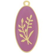 Pendentif ovale 27x13 mm motif fleur - résine époxy - Doré à l'or fin - Prune x1