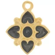 Pendentif fleur 17.5x14mm motif coeur résine époxy - Doré à l'or fin - Noir nacré