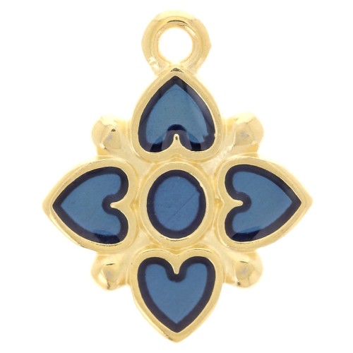 Pendentif fleur 17.5x14mm motif coeur résine époxy vitrail Doré à l'or fin - Bleu