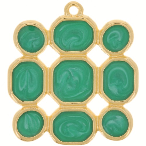 Pendentif carré 27x25 mm résine époxy - Doré à l'or fin - Vert nacré