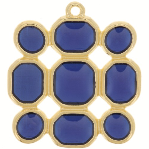Pendentif carré 27x25 mm résine époxy vitrail - Doré à l'or fin - Bleu