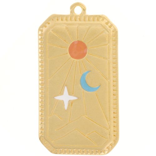 Pendentif rectangle 33x17mm motif soleil & lune -résine époxy - Doré à l'or fin x1