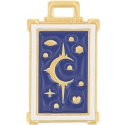 Pendentif rectangle 30x18 mm motif lune & étoile - Doré à l'or fin - Bleu foncé x1
