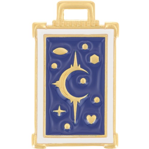 Pendentif rectangle 30x18 mm motif lune & étoile - Doré à l'or fin - Bleu foncé x1