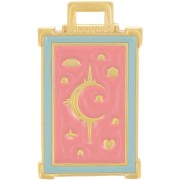 Pendentif rectangle 30x18 mm motif lune & étoile - Doré à l'or fin - Rose x1