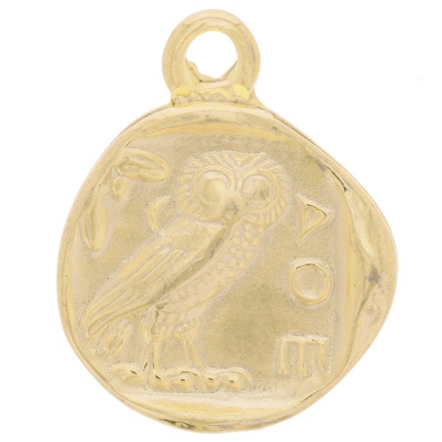Pendentif pièce de monnaie grecque 21 mm - motif chouette - Doré à l'or fin x1