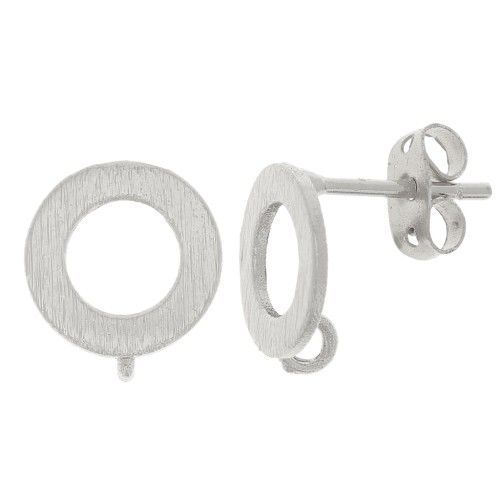 Clous d'oreilles cercle évidé effet brossé 10 mm avec anneau ouvert - Argenté x2