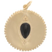 Pendentif médaille dentelée 19 mm - pierre gemme - Onyx noir - Plaqué Or 3 microns
