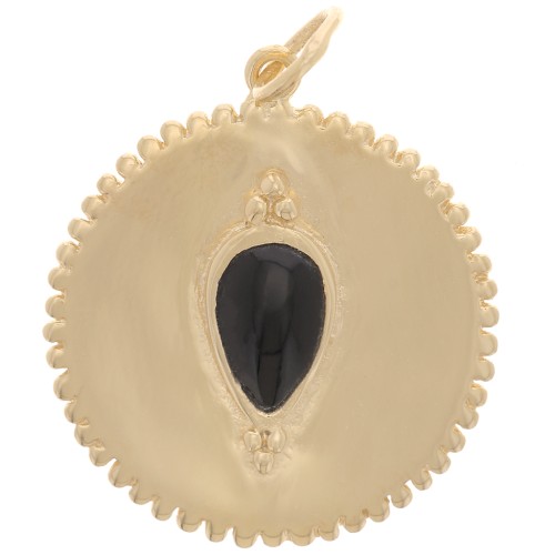 Pendentif médaille dentelée 19 mm - pierre gemme - Onyx noir - Plaqué Or 3 microns