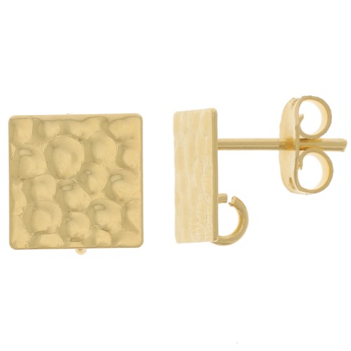 Clous d'oreilles carrés martelés 10 mm avec anneau ouvert - Doré à l'or fin x2