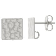 Clous d'oreilles carrés martelés 10 mm avec anneau ouvert - Placage Argent fin x2