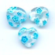 Coeurs Millefiori 10 mm Crystal fleurs Aquamarine x5