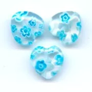 Coeurs Millefiori 10 mm Crystal fleurs Aquamarine x5
