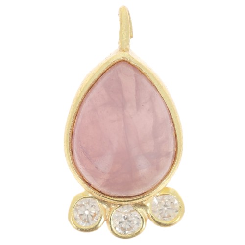 Pendentif goutte 14x7 mm  - pierre gemme et oxydes de zirconium - Doré - Quartz rose