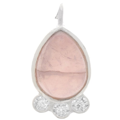 Pendentif goutte 14x7 mm  - gemme & oxydes de zirconium - Argent 925 - Quartz rose