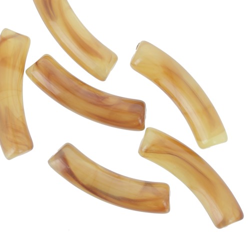 Perles tube incurvé en acrylique transparente 32x8 mm - Marbré Marron clair x6