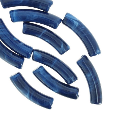 Perles tube incurvé 32x8 mm en acrylique opaque - Marbré Bleu moyen x6