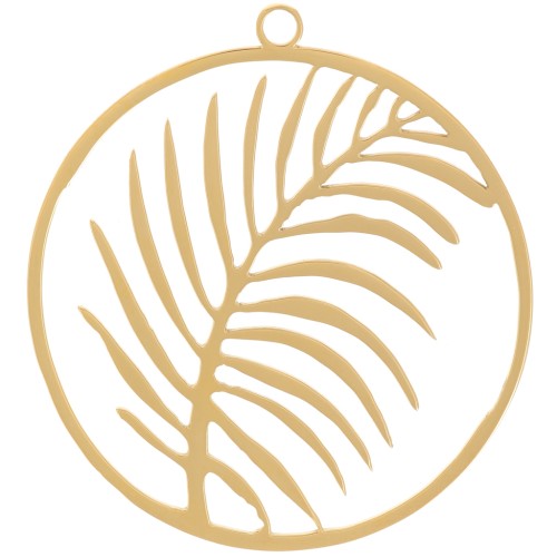 Pendentif rond 30 mm - motif feuille - Acier inoxydable 316L Doré x1