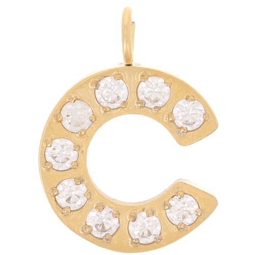 Breloque lettre alphabet 13 mm & oxydes de Zirconium - C - Acier inox 316L Doré x1