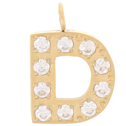 Breloque lettre alphabet 13 mm & oxydes de Zirconium - D - Acier inox 316L Doré x1