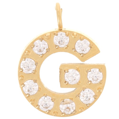 Breloque lettre alphabet 13 mm & oxydes de Zirconium - G - Acier inox 316L Doré x1
