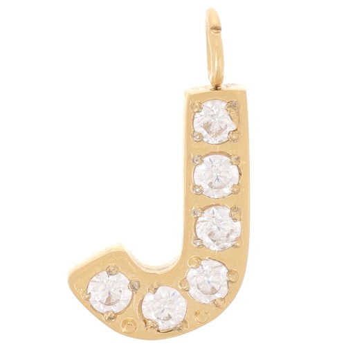 Breloque lettre alphabet 13 mm & oxydes de Zirconium - J - Acier inox 316L Doré x1