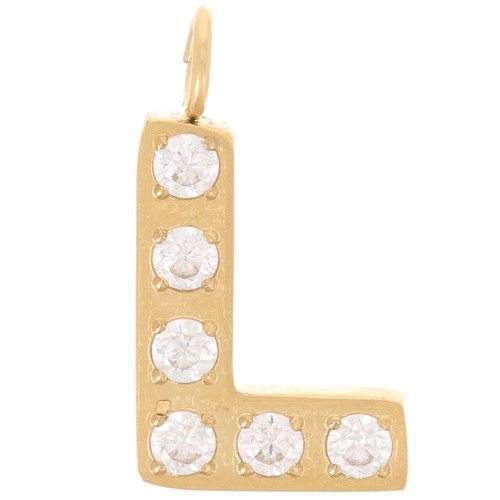 Breloque lettre alphabet 13 mm & oxydes de Zirconium - L - Acier inox 316L Doré x1