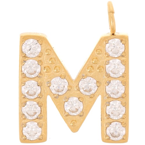 Breloque lettre alphabet 13 mm & oxydes de Zirconium - M - Acier inox 316L Doré x1