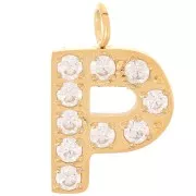 Breloque lettre alphabet 13 mm & oxydes de Zirconium - P - Acier inox 316L Doré x1