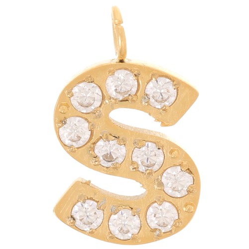 Breloque lettre alphabet 13 mm & oxydes de Zirconium - S - Acier inox 316L Doré x1