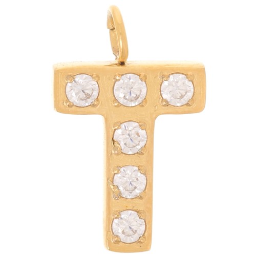 Breloque lettre alphabet 13 mm & oxydes de Zirconium - T - Acier inox 316L Doré x1