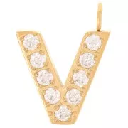 Breloque lettre alphabet 13 mm & oxydes de Zirconium - V - Acier inox 316L Doré x1
