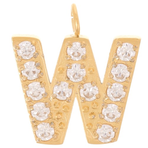 Breloque lettre alphabet 13 mm & oxydes de Zirconium - W - Acier inox 316L Doré x1