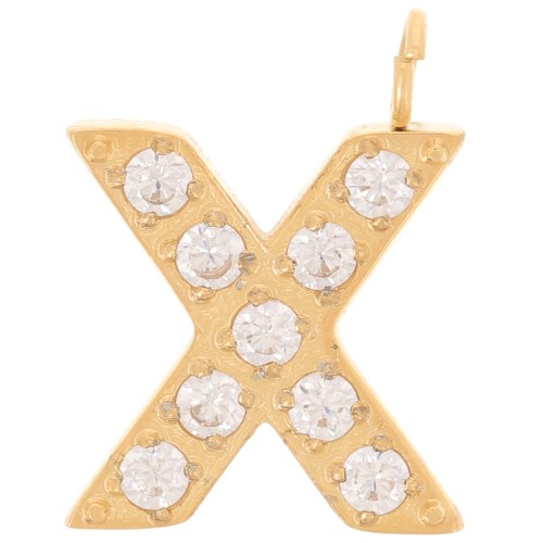 Breloque lettre alphabet 13 mm & oxydes de Zirconium - X - Acier inox 316L Doré x1