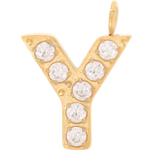 Breloque lettre alphabet 13 mm & oxydes de Zirconium - Y - Acier inox 316L Doré x1
