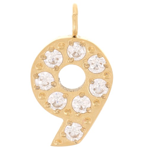 Breloque chiffre 13 mm et oxydes de Zirconium - 9 - Acier inoxydable 316L Doré x1
