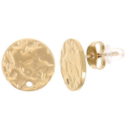Clous d'oreilles rond martelé 12 mm avec un trou - Acier inoxydable 316L Doré x2