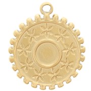 Breloque ronde 15 mm - motif fleurs - pour cabochon 4 mm - Acier inox 304 Doré x1