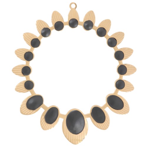 Pendentif rond évidé ethnique 34mm avec résine époxy - Acier inox 304 Doré - Noir