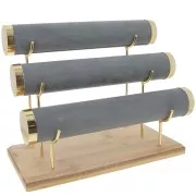 Porte bijoux pour bracelets - 3 niveaux - 24x30 cm bambou et Suédine Gris x1