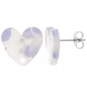 Blanc - Clous d'oreilles coeur en acrylique 14x15.5 mm - Terrazzo Violet - Blanc nacré x2 Clous d'oreilles coeur en acrylique 14x15.5 mm - Terrazzo Violet - Blanc nacré x2
