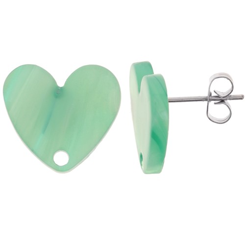 Clous d'oreilles coeur en acrylique 14x15.5 mm - Marbré Multi-vert nacré x2