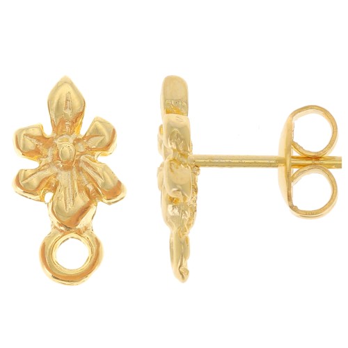 Clous d'oreilles fleur 13x7 mm avec anneau fermé - Doré à l'or fin x2